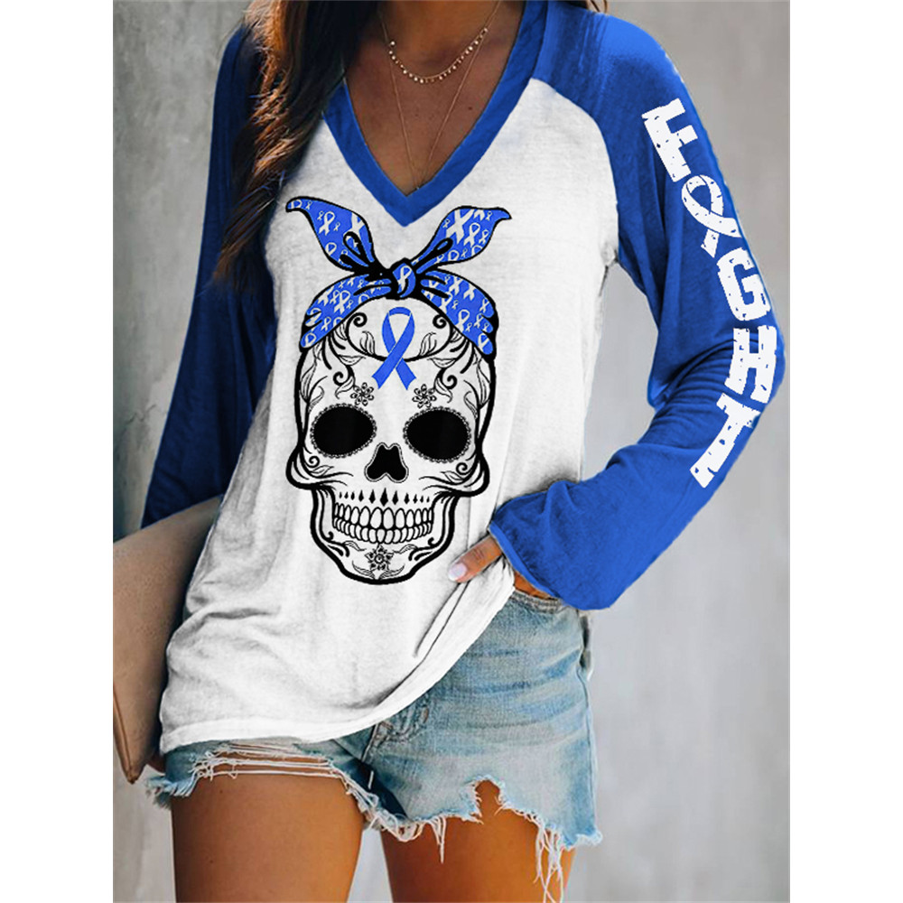 Fight Blue Ribbon Bandana Skull V Neck T Shirt