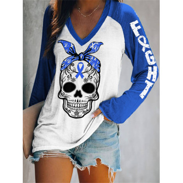 Fight Blue Ribbon Bandana Skull V Neck T Shirt