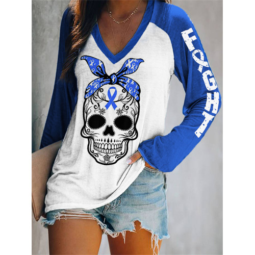 Fight Blue Ribbon Bandana Skull V Neck T Shirt