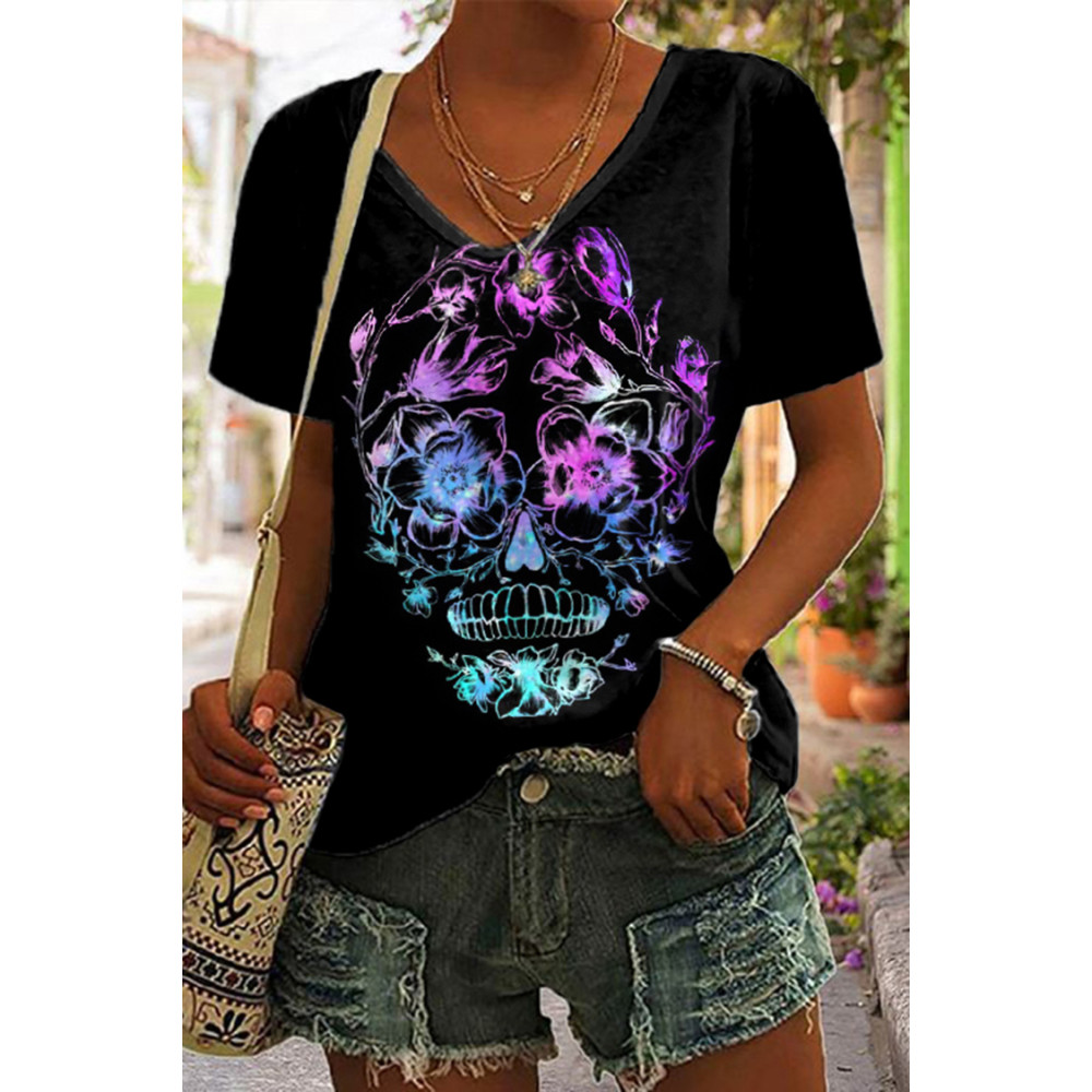 Floral Gradient Skull Print Short Sleeve T-Shirt
