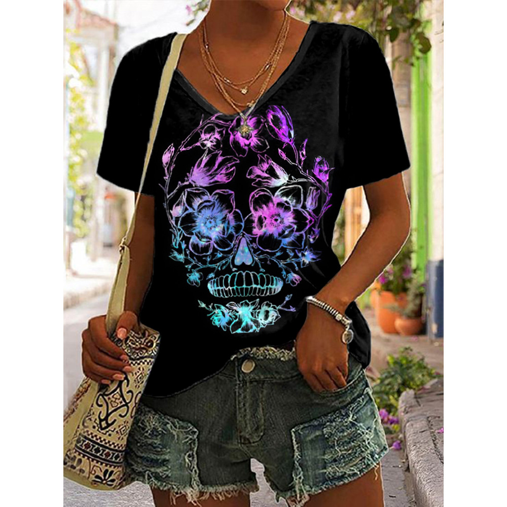 Floral Gradient Skull Print Short Sleeve T-Shirt