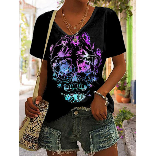 Floral Gradient Skull Print Short Sleeve T-Shirt