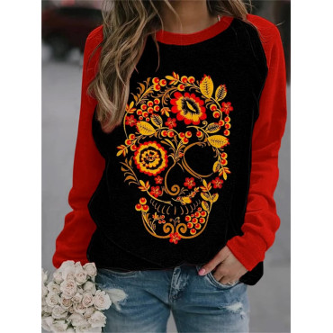 Floral Skull Contrast Color Sweatshirt