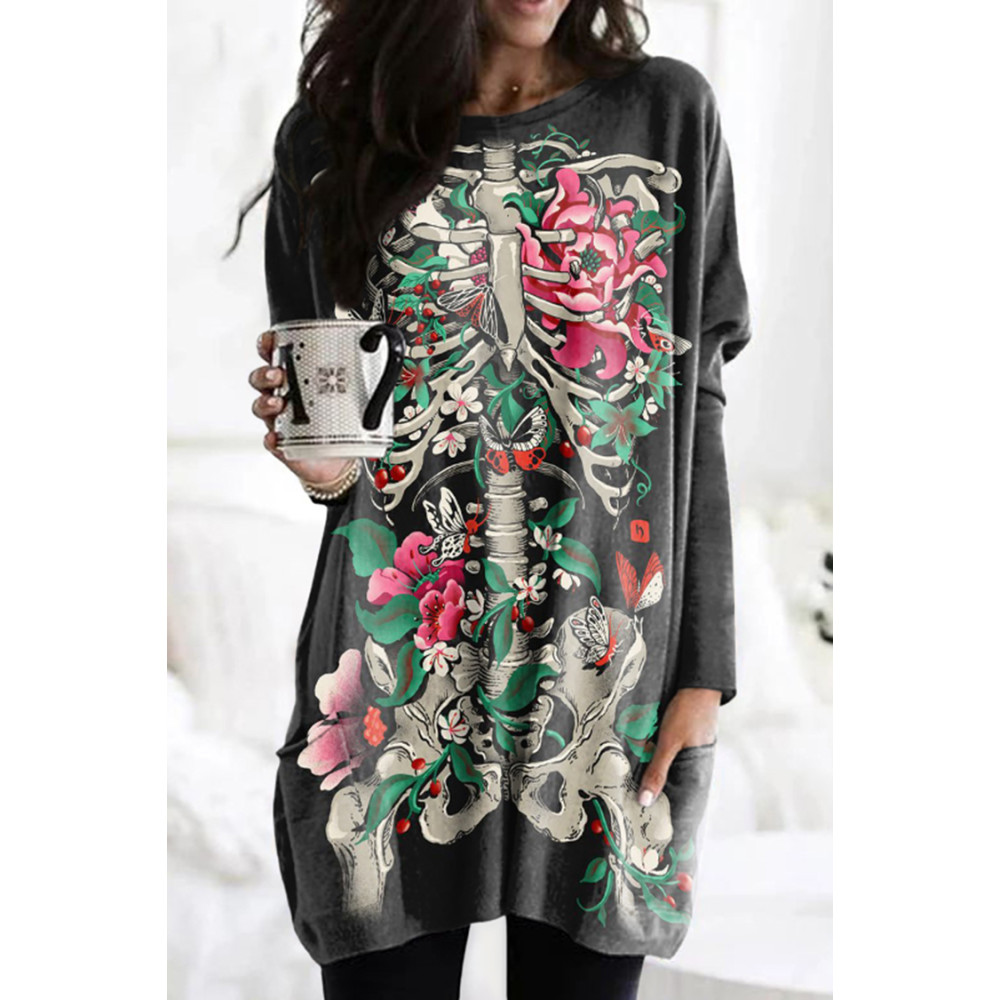 Floral Skull Print Long Sleeve Tunic