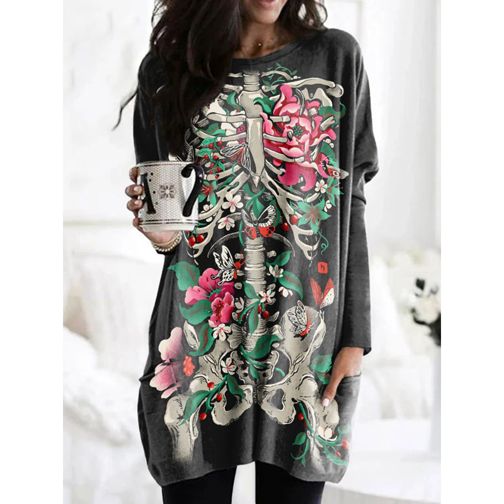 Floral Skull Print Long Sleeve Tunic