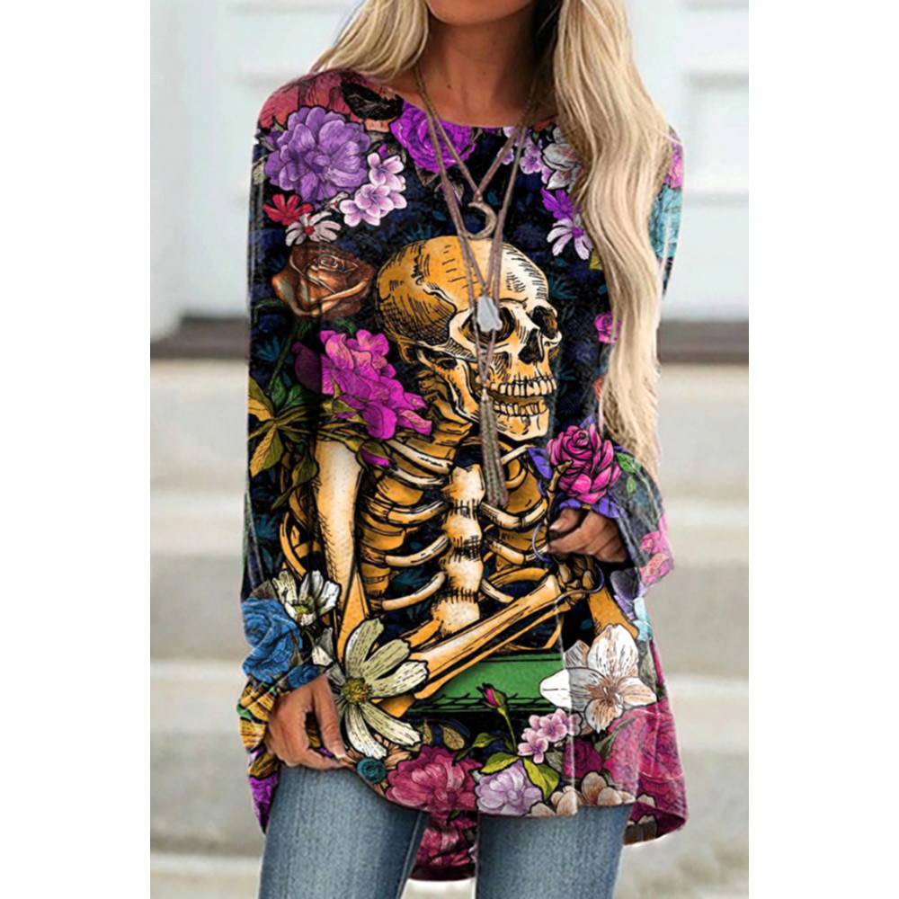 Floral Skull Print Long Sleeve Tunic