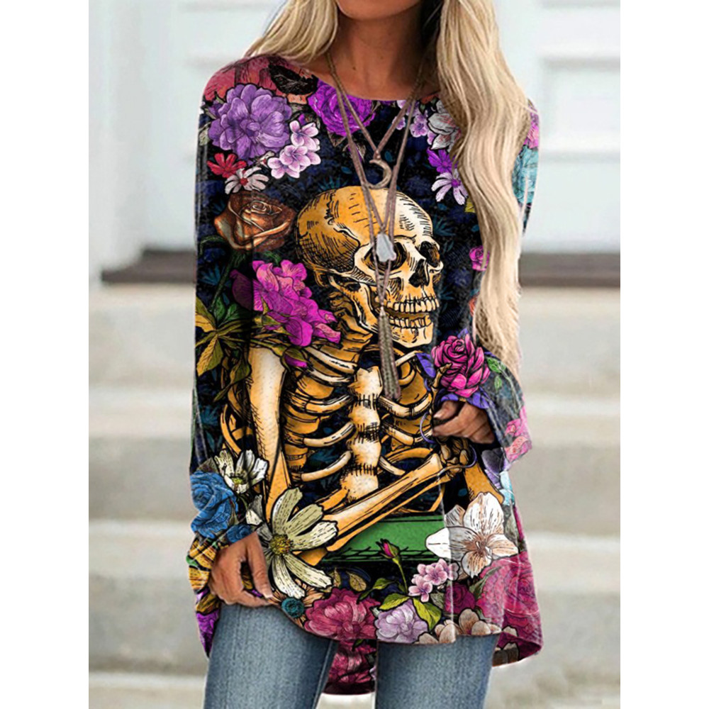 Floral Skull Print Long Sleeve Tunic