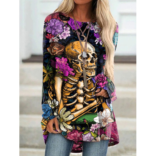 Floral Skull Print Long Sleeve Tunic