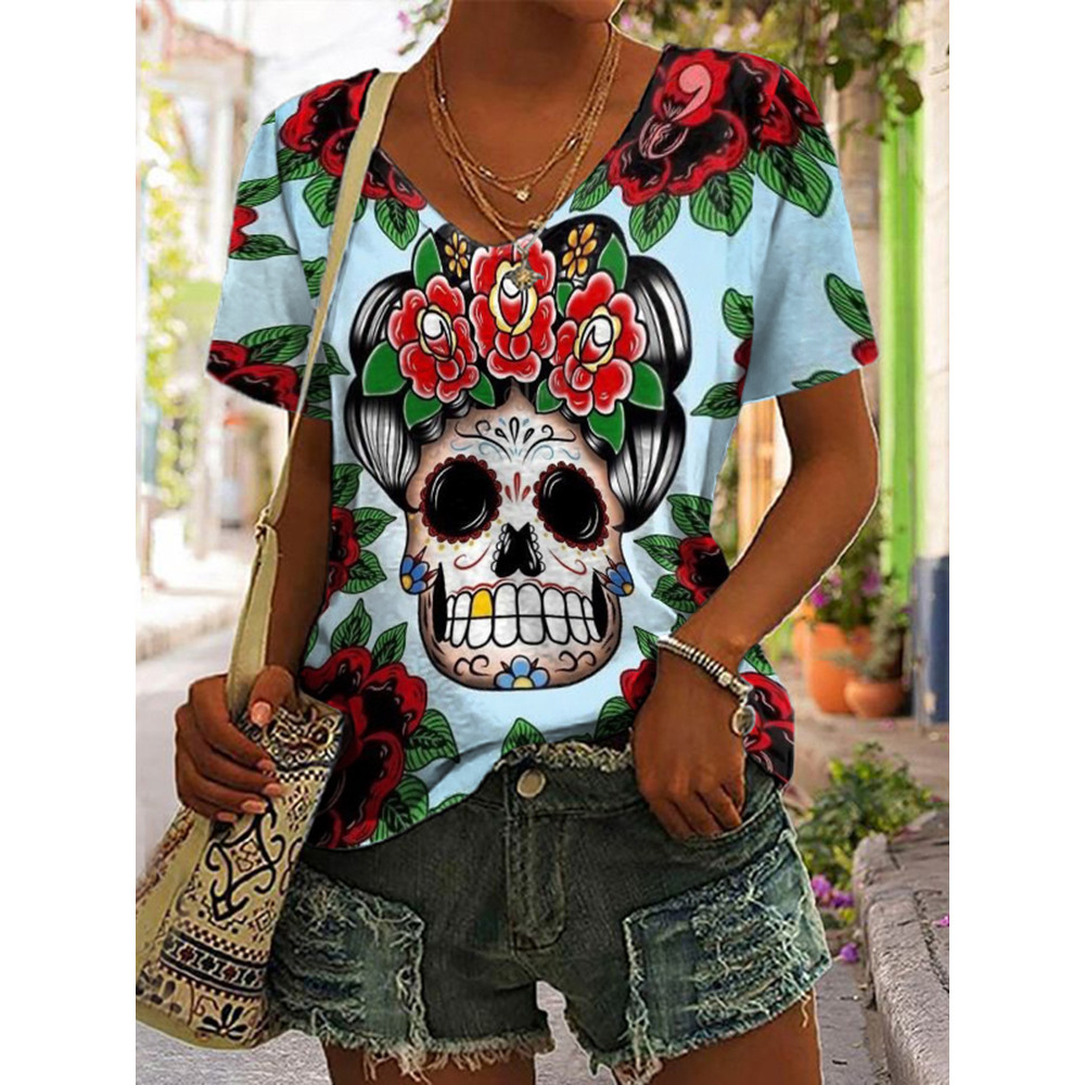 Floral Skull Print Short Sleeve T-Shirt
