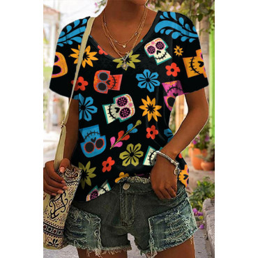 Floral Skull Print Short Sleeve T-Shirt