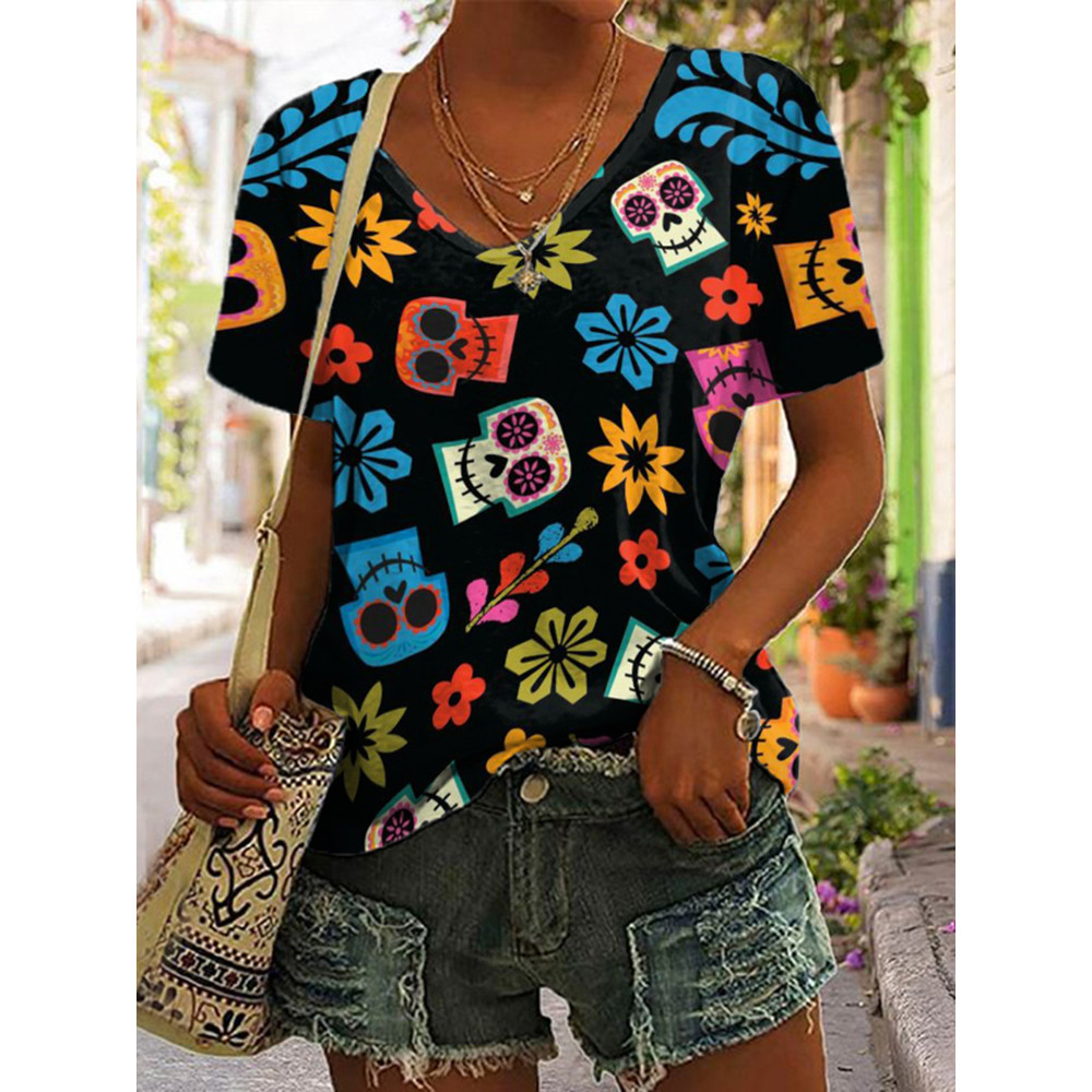 Floral Skull Print Short Sleeve T-Shirt