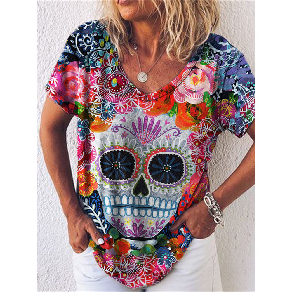 Floral Sugar Skull Art V Neck T Shirt