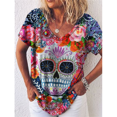 Floral Sugar Skull Art V Neck T Shirt