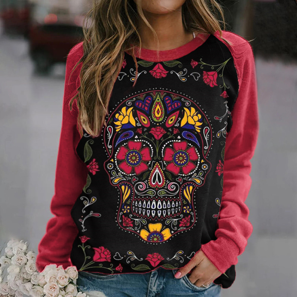 Floral Sugar Skull Contrast Color Sweatshirt