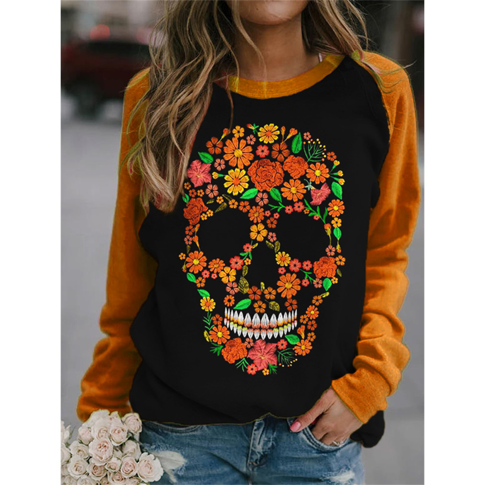 Floral Sugar Skull Contrast Color Sweatshirt