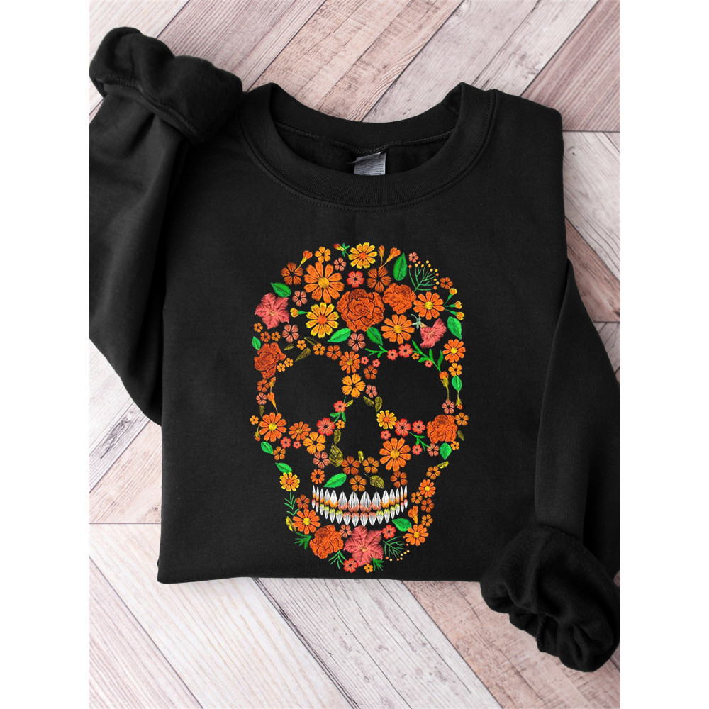 Floral Sugar Skull Embroidery Art Cozy Sweatshirt
