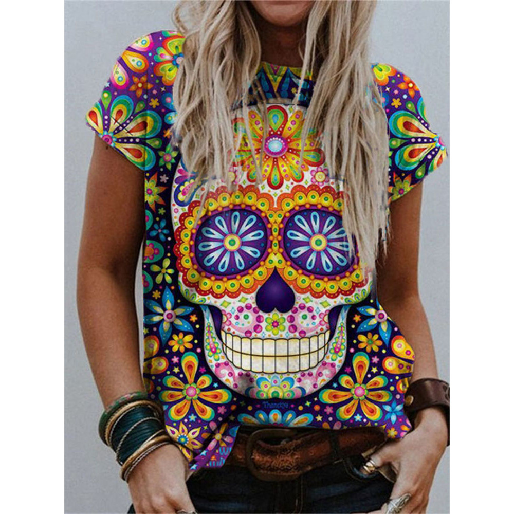 Floral Sugar Skull Print Crew Neck T Shirt