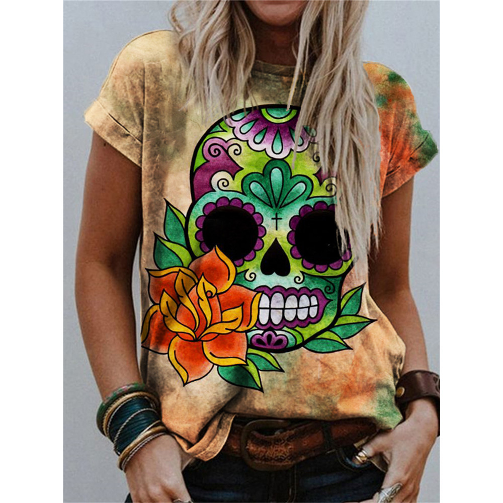Flower Sugar Skull Tie Dye Crew Neck T Shirt