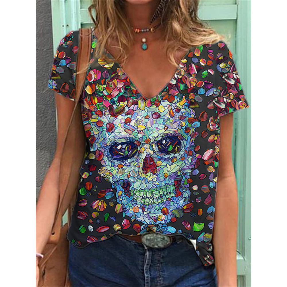 Flowered Skull Art Print V Neck T Shirt