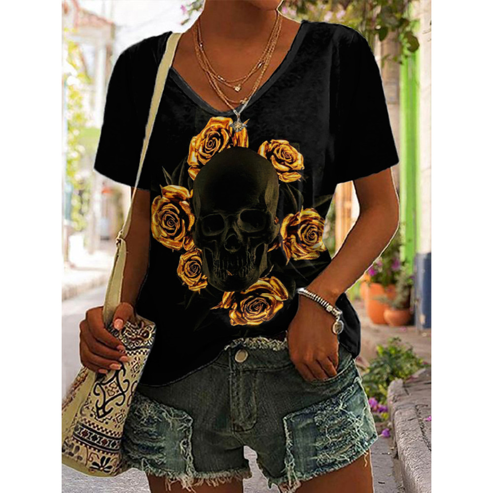 Gold Rose Skull Print Short Sleeve T-Shirt