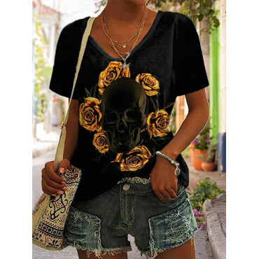 Gold Rose Skull Print Short Sleeve T-Shirt