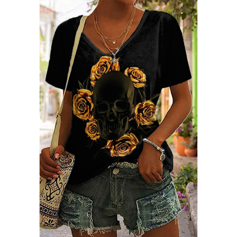 Gold Rose Skull Print Short Sleeve T-Shirt