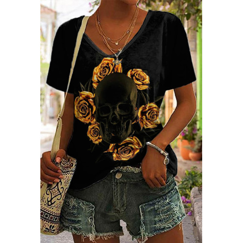 Gold Rose Skull Print Short Sleeve T-Shirt