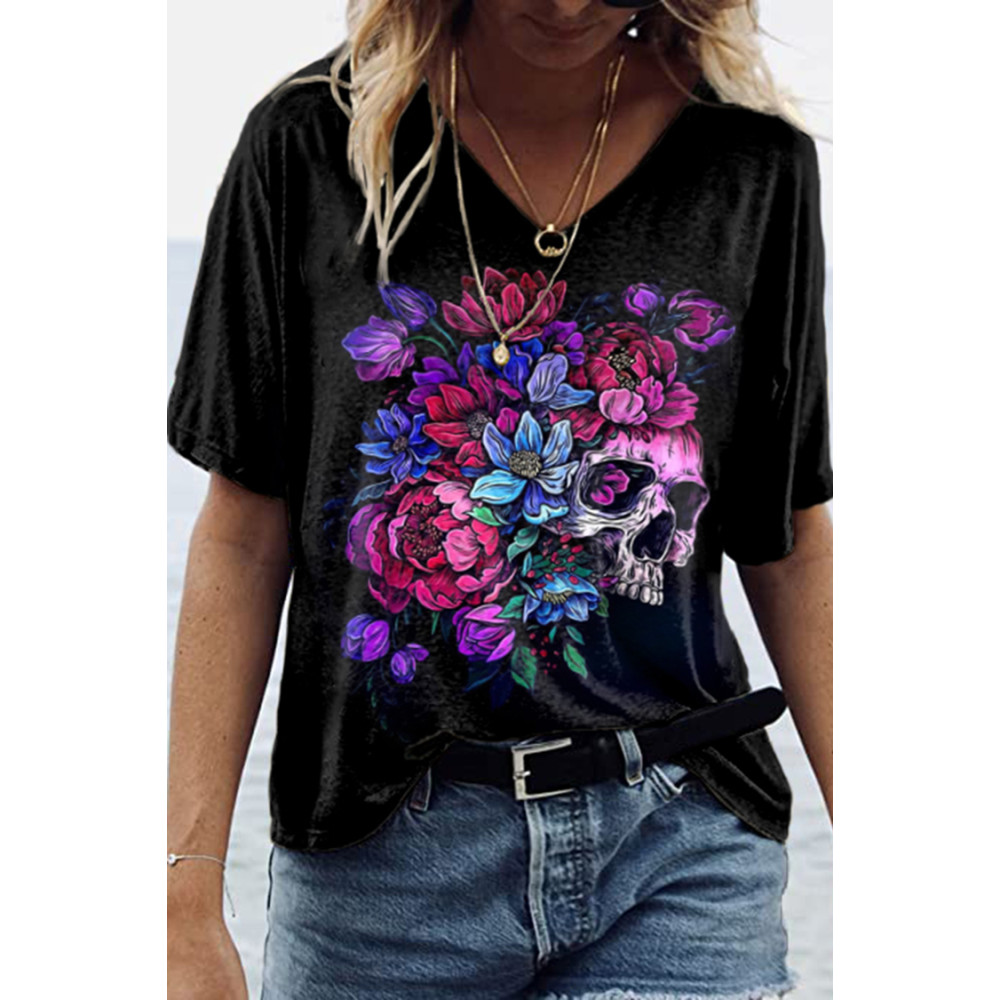 Gradient Floral Skull Print Short Sleeve T-Shirt