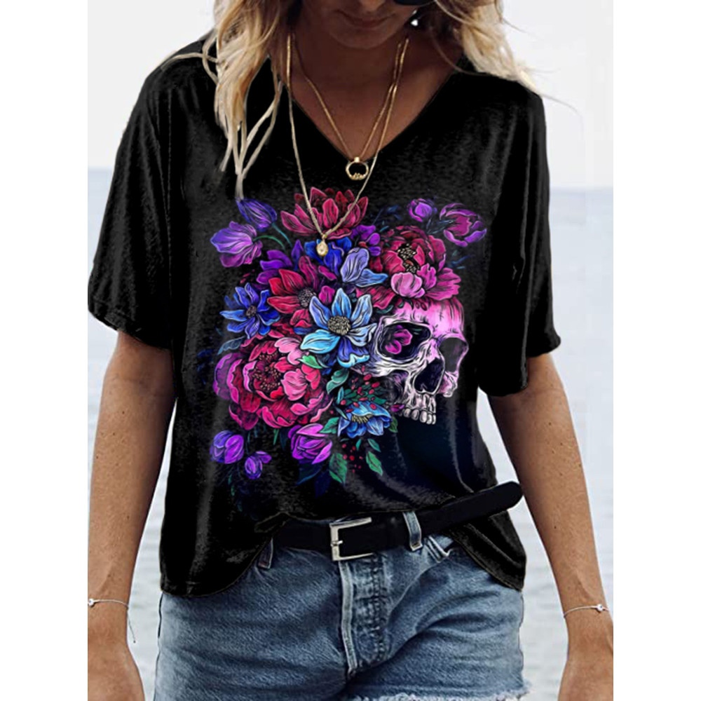 Gradient Floral Skull Print Short Sleeve T-Shirt