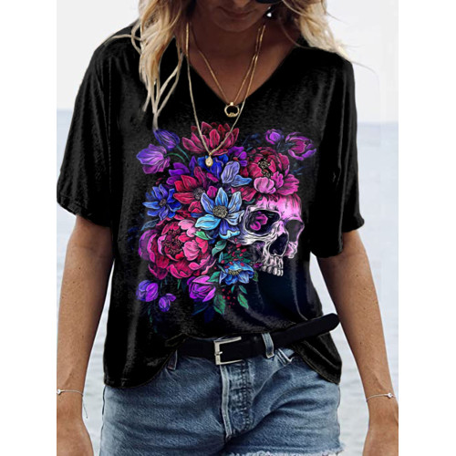 Gradient Floral Skull Print Short Sleeve T-Shirt