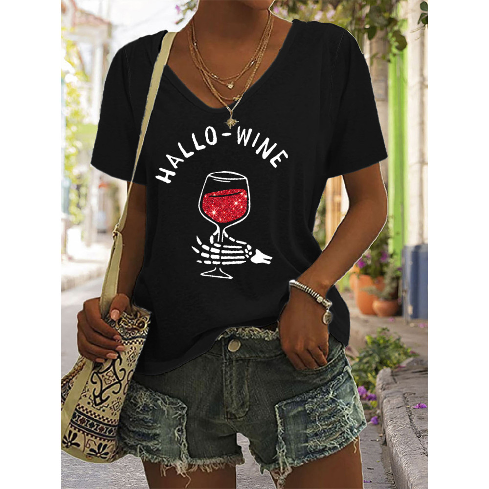 Hallo Wine Glitter Graphic V Neck T Shirt