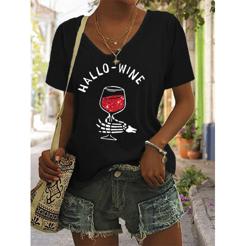 Hallo Wine Glitter Graphic V Neck T Shirt