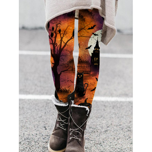 Halloween Black Cat At Spooky Night Leggings