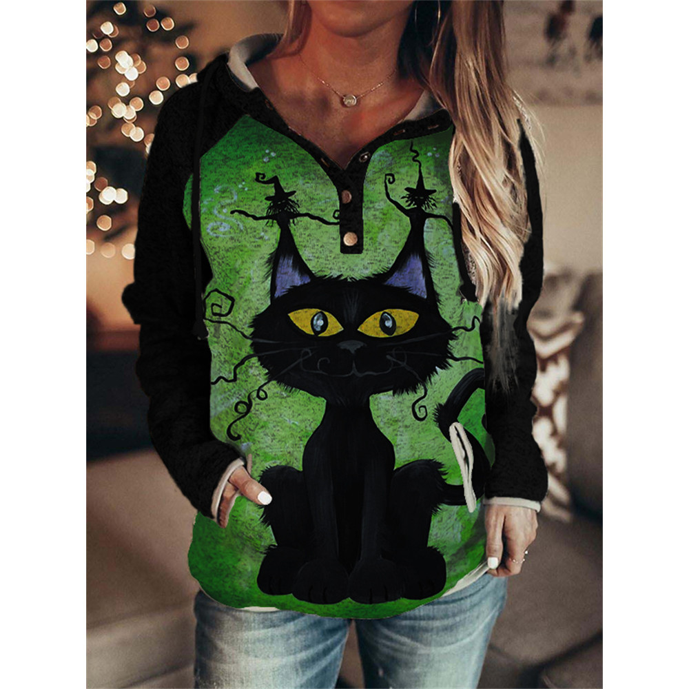 Halloween Black Cat Patchwork Button Up Hoodie
