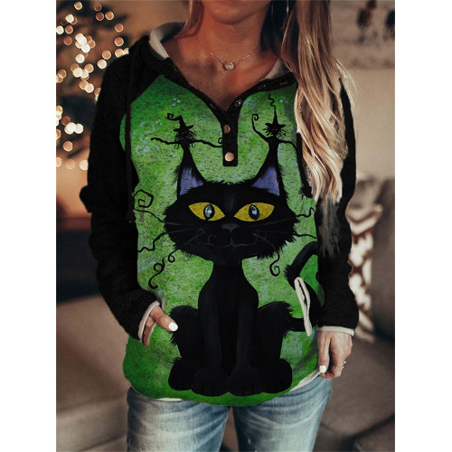 Halloween Black Cat Patchwork Button Up Hoodie