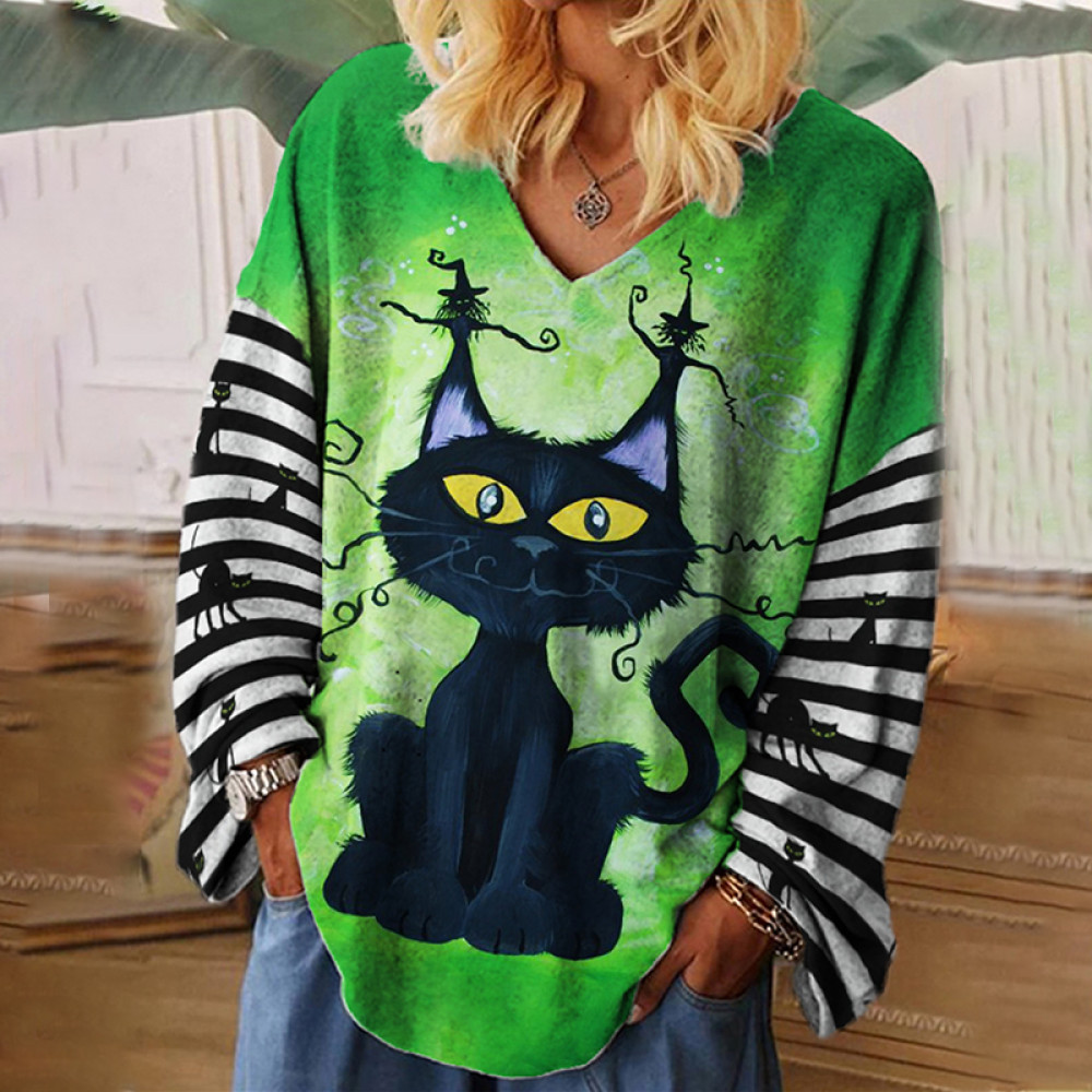 Halloween Black Cat Striped Oversize T Shirt