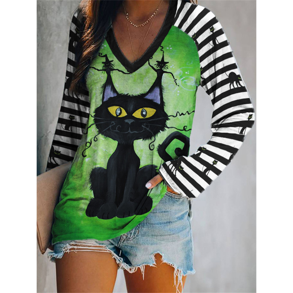 Halloween Black Cat Striped Patchwork T Shirt