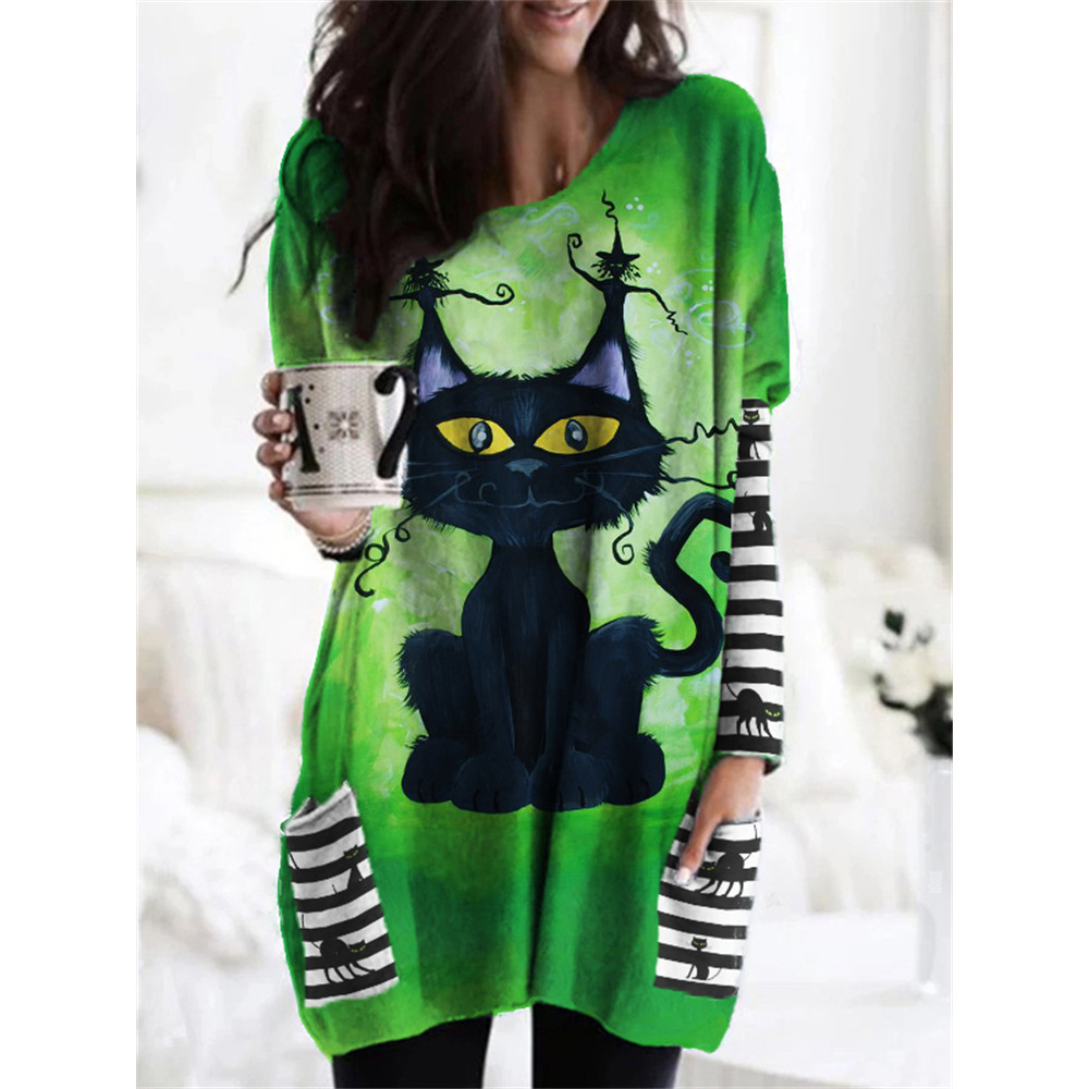 Halloween Black Cat Witch Striped Patchwork Tunic