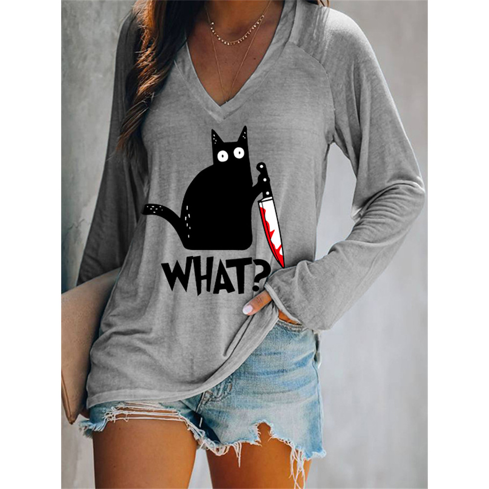 Halloween Black Cat With Bloody Knife T Shirt