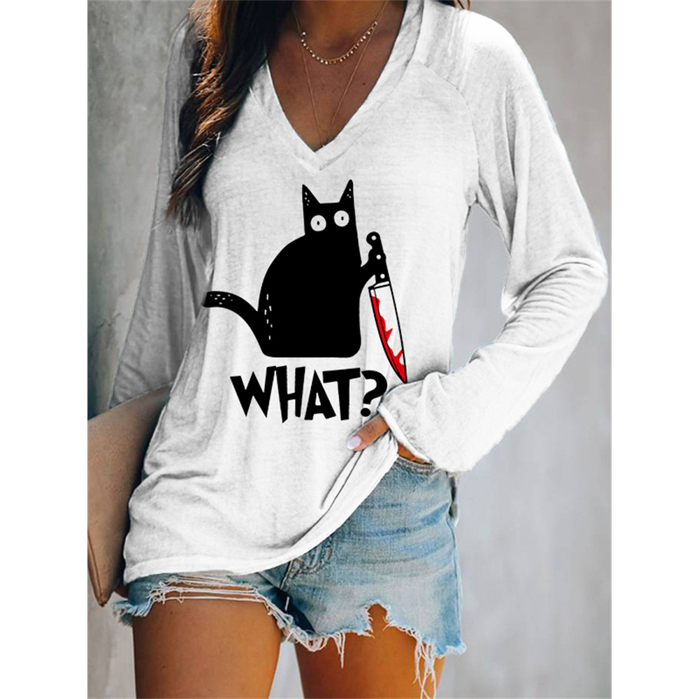 Halloween Black Cat With Bloody Knife T Shirt