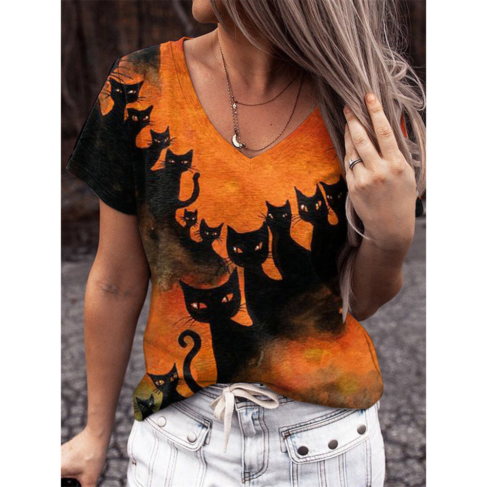 Halloween Black Cats V Neck T Shirt