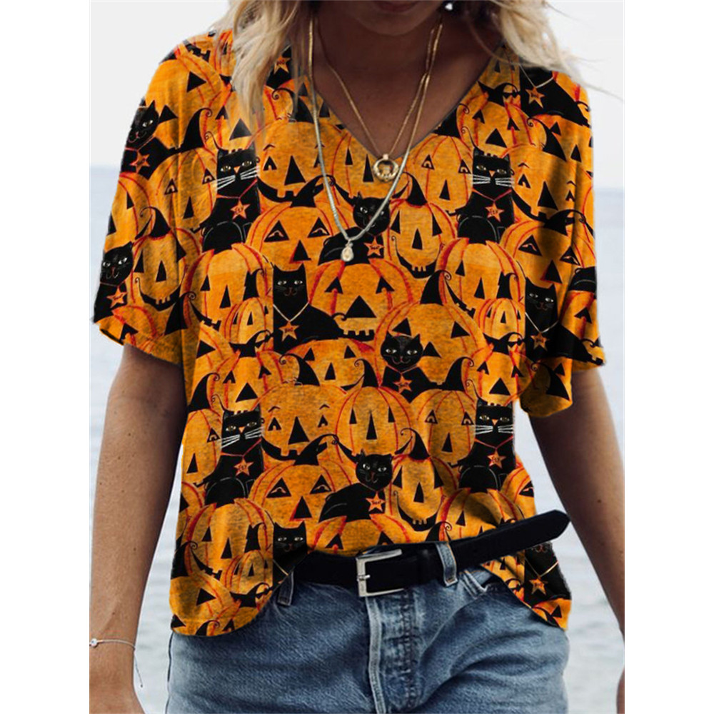Halloween Black Cats & Pumpkins V Neck T Shirt