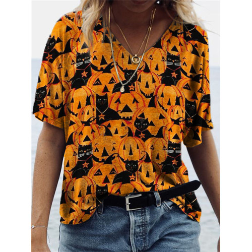 Halloween Black Cats & Pumpkins V Neck T Shirt
