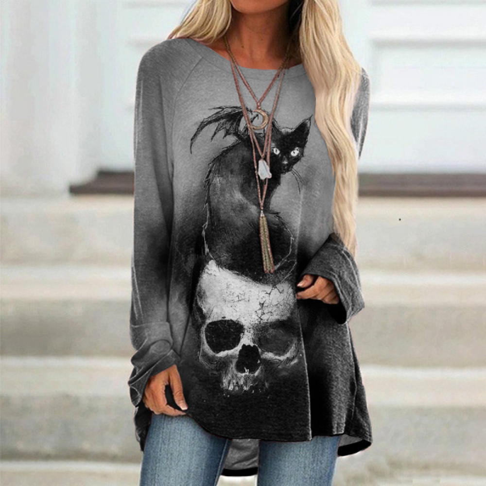 Halloween Cat Print Long Sleeve Tunic