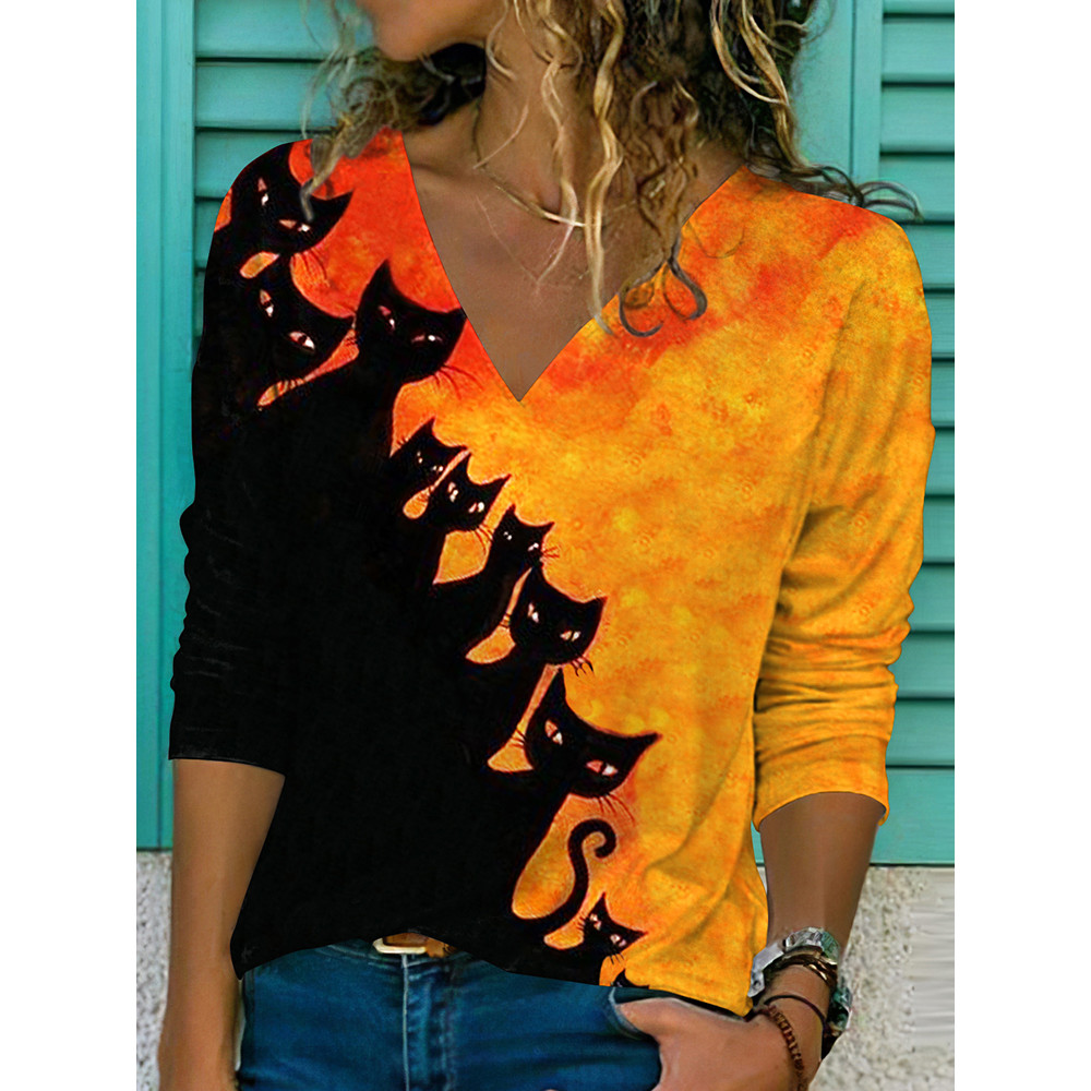 Halloween Cat Print V-Neck Long Sleeve T-Shirt