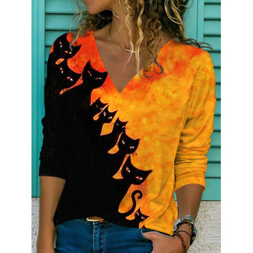 Halloween Cat Print V-Neck Long Sleeve T-Shirt