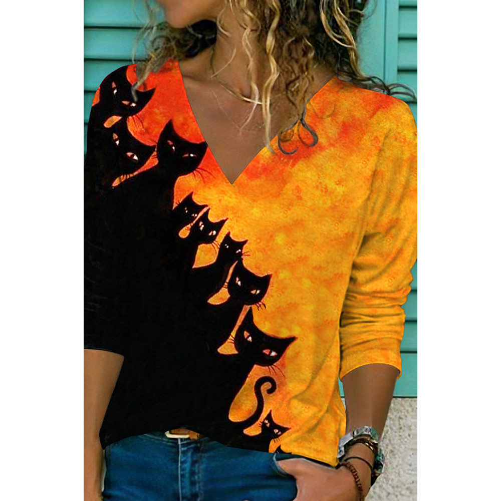 Halloween Cat Print V-Neck Long Sleeve T-Shirt