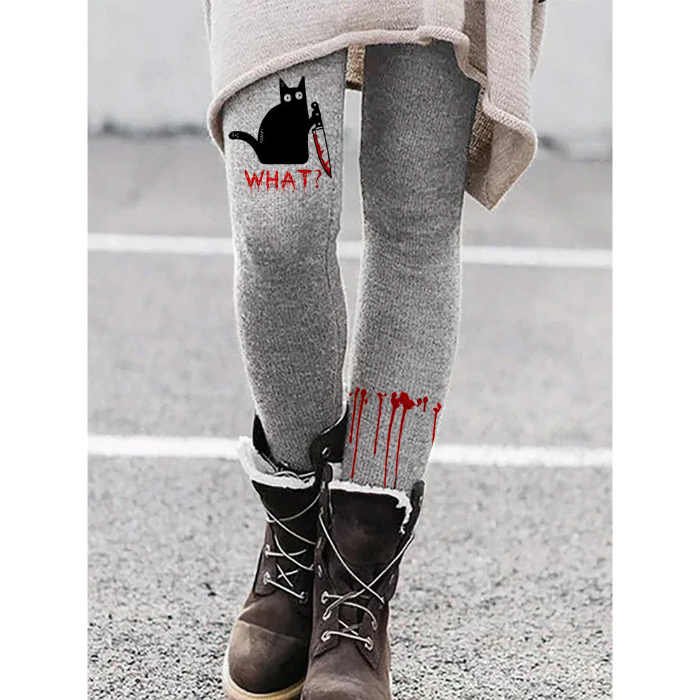 Halloween Holding Knife Black Cat Leggings
