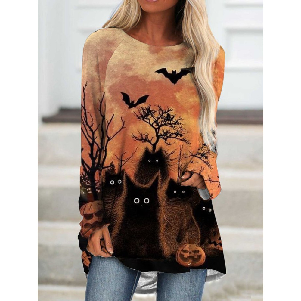 Halloween Print Long Sleeve Crew Neck Tunic