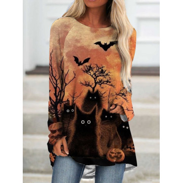 Halloween Print Long Sleeve Crew Neck Tunic